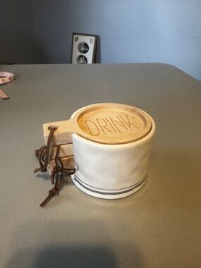 Mud Pie White Ceramic Coaster Set with Natural Wood Tops